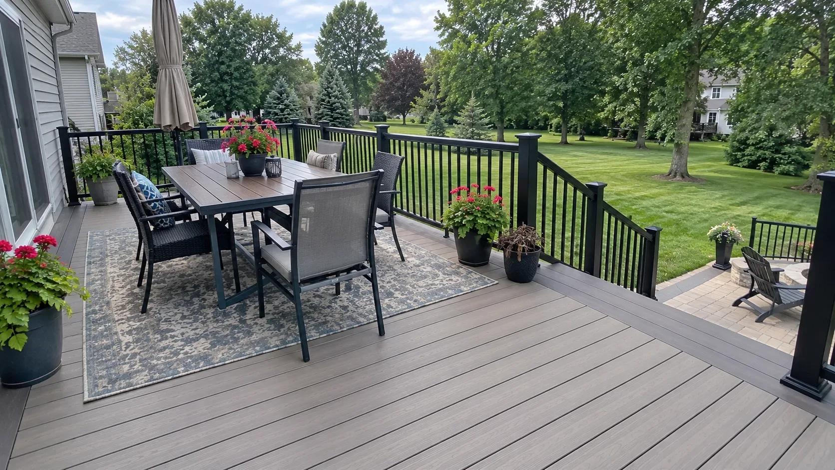 A composite deck with black aluminium railings at sunset, steps rising to an upper level beside the house