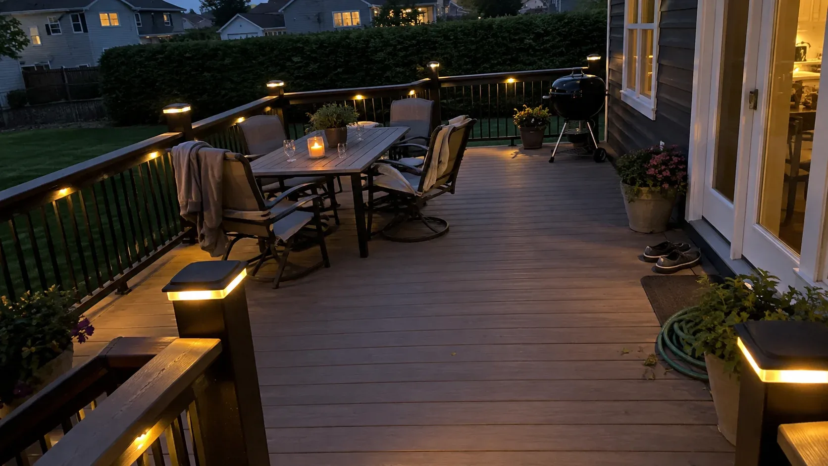 A composite deck after sunset with warm lamps set into the railing posts, beneath the handrail and along the stair risers