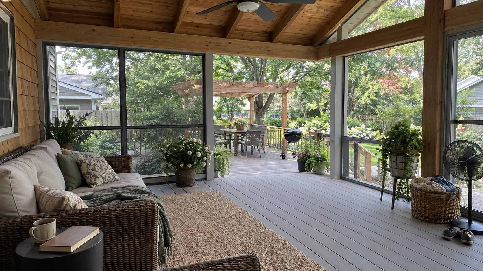 A mesh walled porch with a stained ceiling and a ceiling fan, chairs set around a low table, a garden falling away beyond the screens