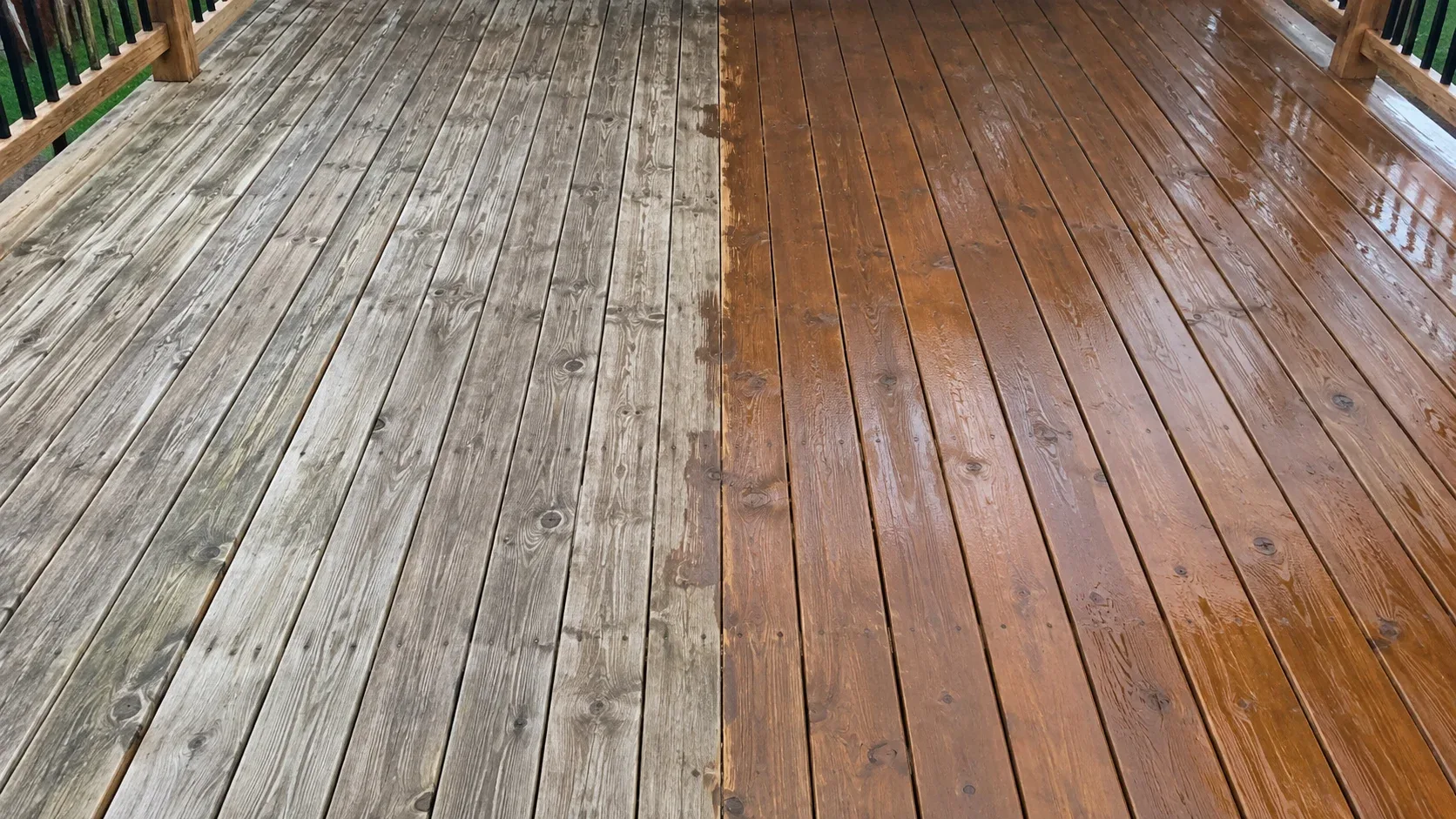 A backyard deck partway through repair, weathered grey boards on one side and freshly replaced timber on the other