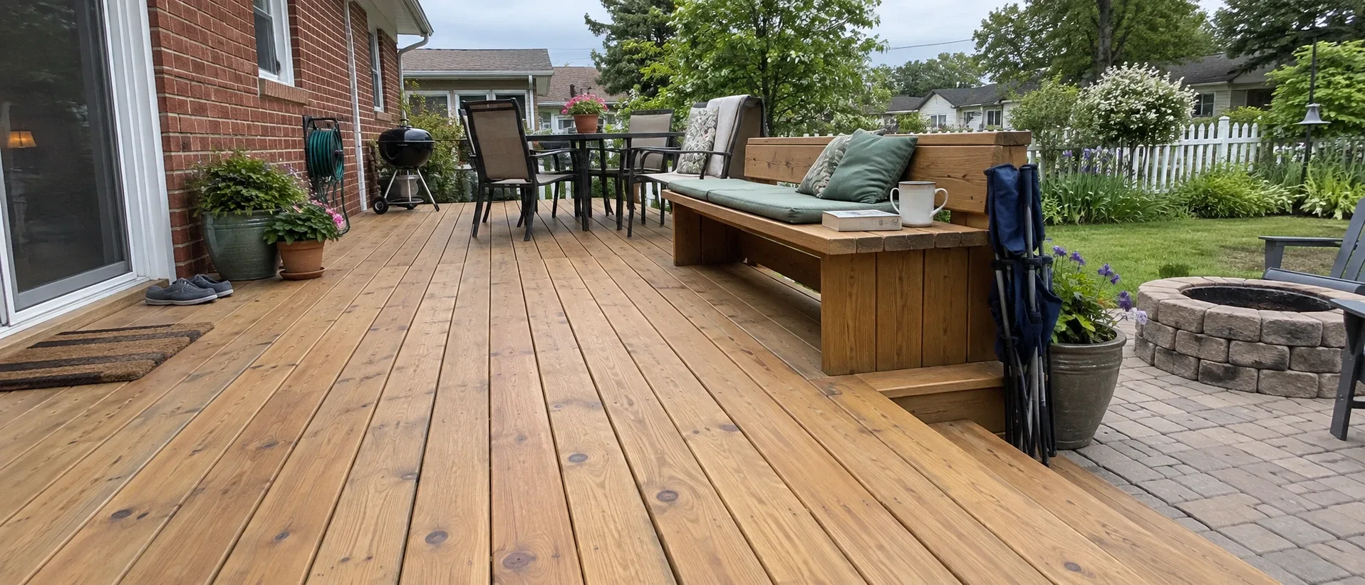 A stained cedar deck with a long built in bench, a brick house behind and a paver patio with a fire pit alongside